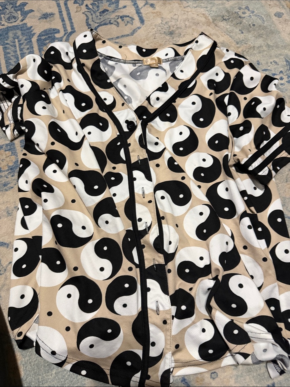 Beige Yin Yang Button-Down Shirt - Women’s Short Sleeve